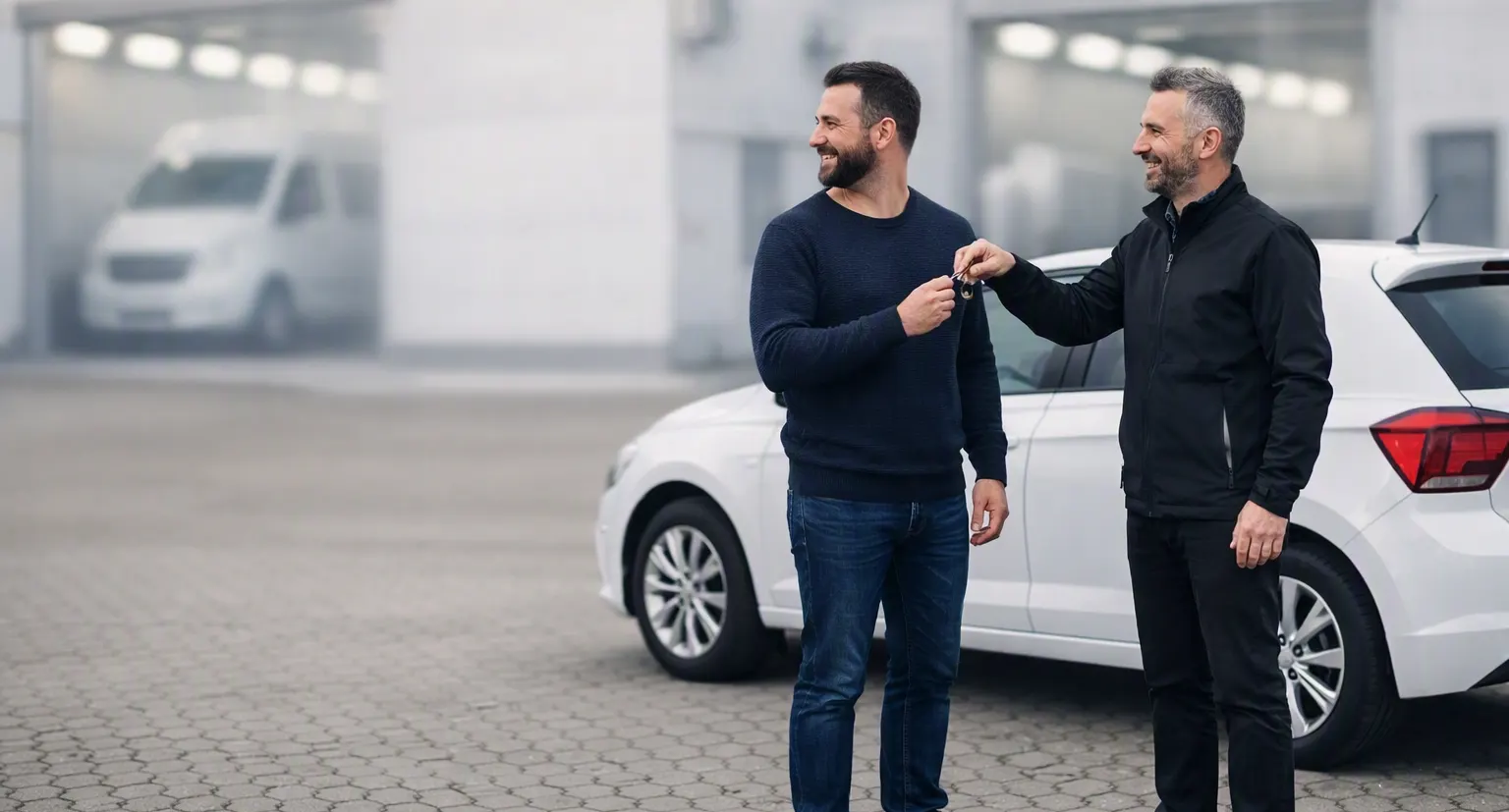 Fahrzeugübergabe mit Schlüssel vor der Werkstatt